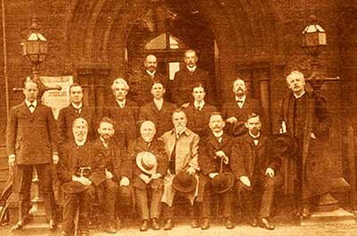 A group attending a Sunderland (U.K.) Convention in 1912, including the leading European Pentecostals of the time. (Front row, left to right) Smith Wigglesworth, T. Hackett, Gerrit Polman, Jonathan Paul, Thomas B. Barratt, Emil Humburg, Mr. Schilling, and A. A. Boddy; (centre) John Leech, a Mr. Techner, J. H. King, Stanley Frodsham and T. Moggs; (back row) Cecil Polhill and W. H. Sandwith.